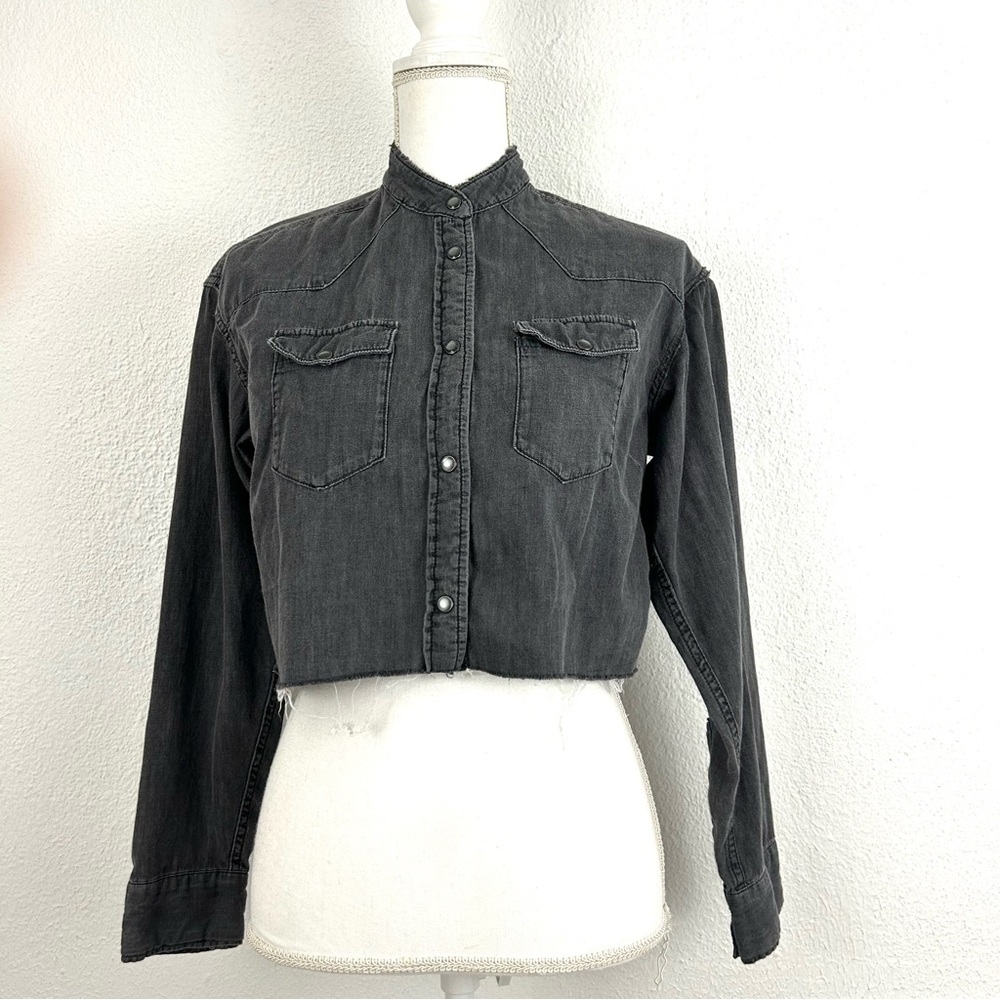 AllSaints Sz 4 Cropped Denim Western Top Snap Pearl Black Faded